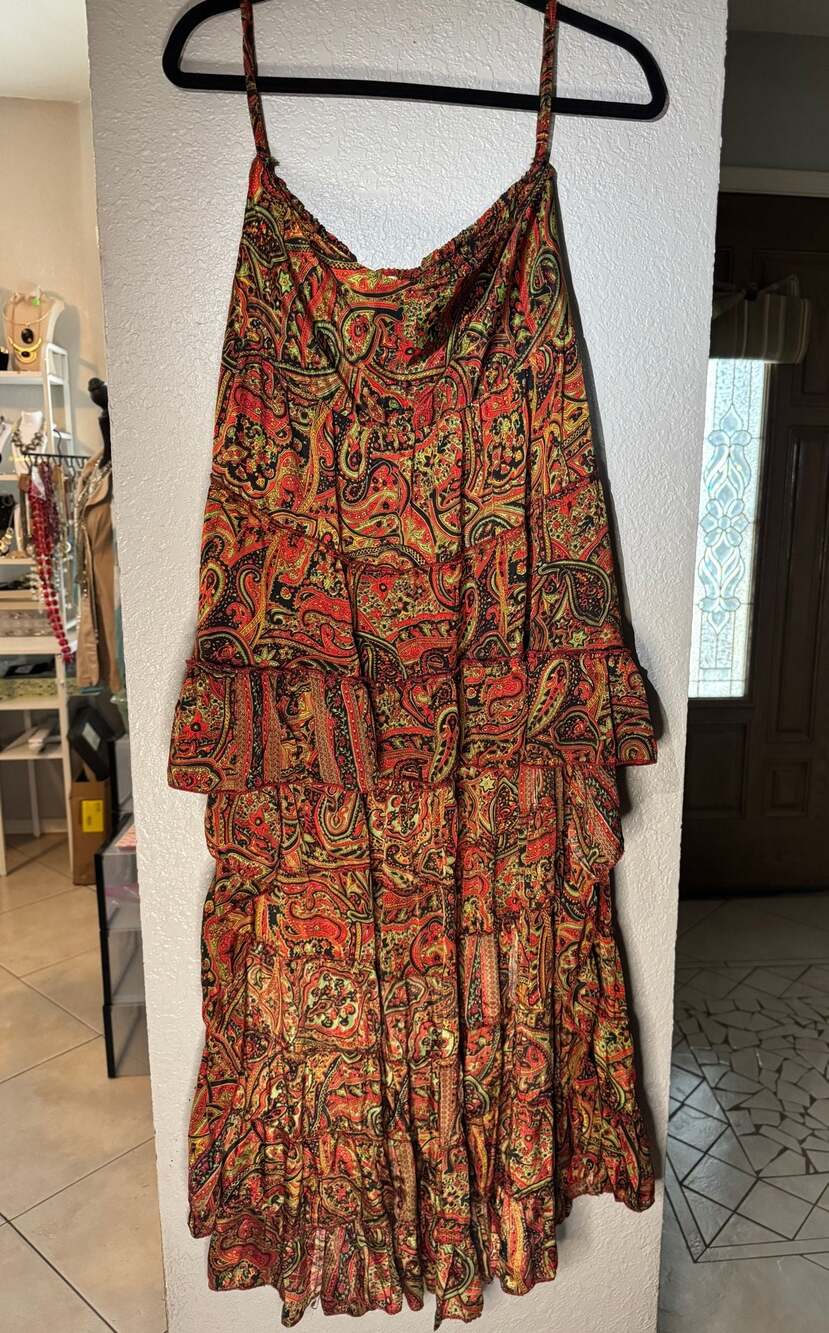 Earthbound Trading Co. Red Black Paisley Multi Tiered High Low Skirt XL